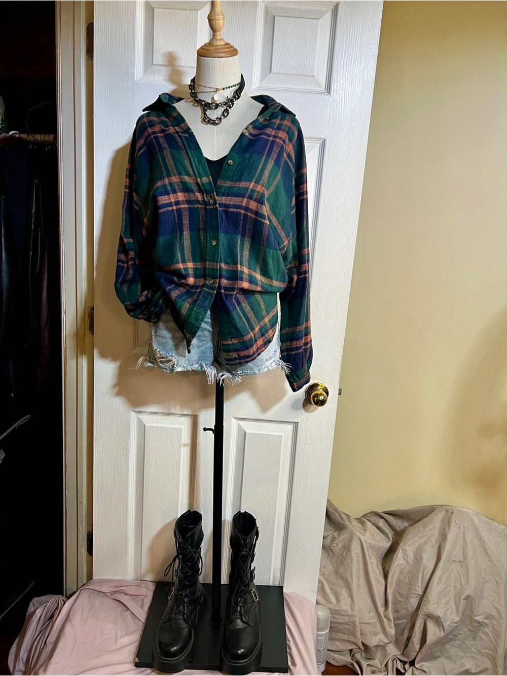 American Eagle Wms Green Cotton Flannel Oversized Button Up Casual Shirt S
